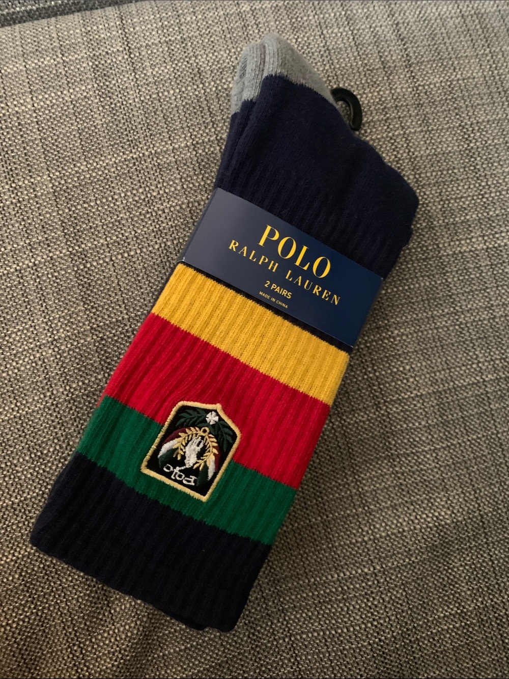 Polo by Ralph Lauren Men’s NWT OS Crew Socks with Yellow, Red, and Green Stripe